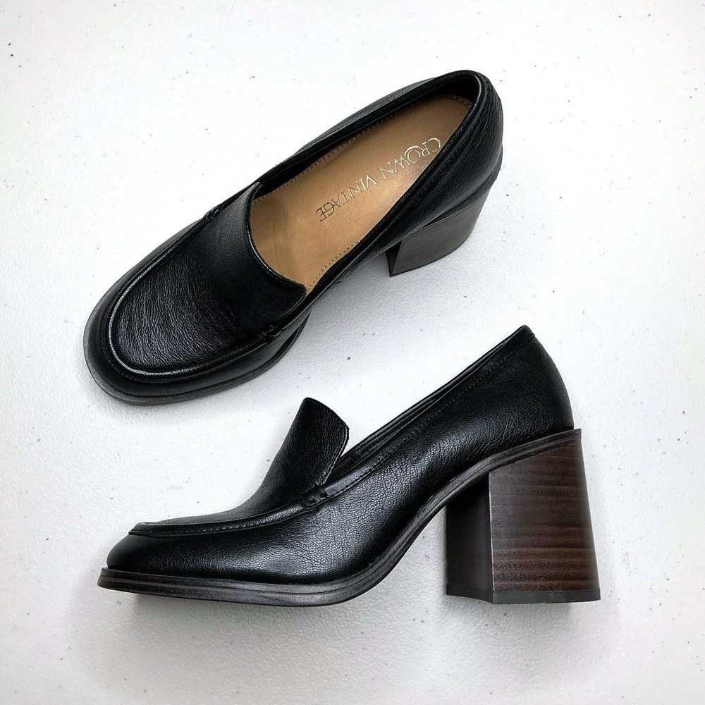 Crown Vintage Loafer Women Size 7 Black Leather Block Heel Caitlun